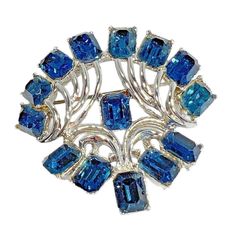 Vtg Silvertone Rhinestone Brooch Blue Emerald Cut Glass Stones Fan Design Pin